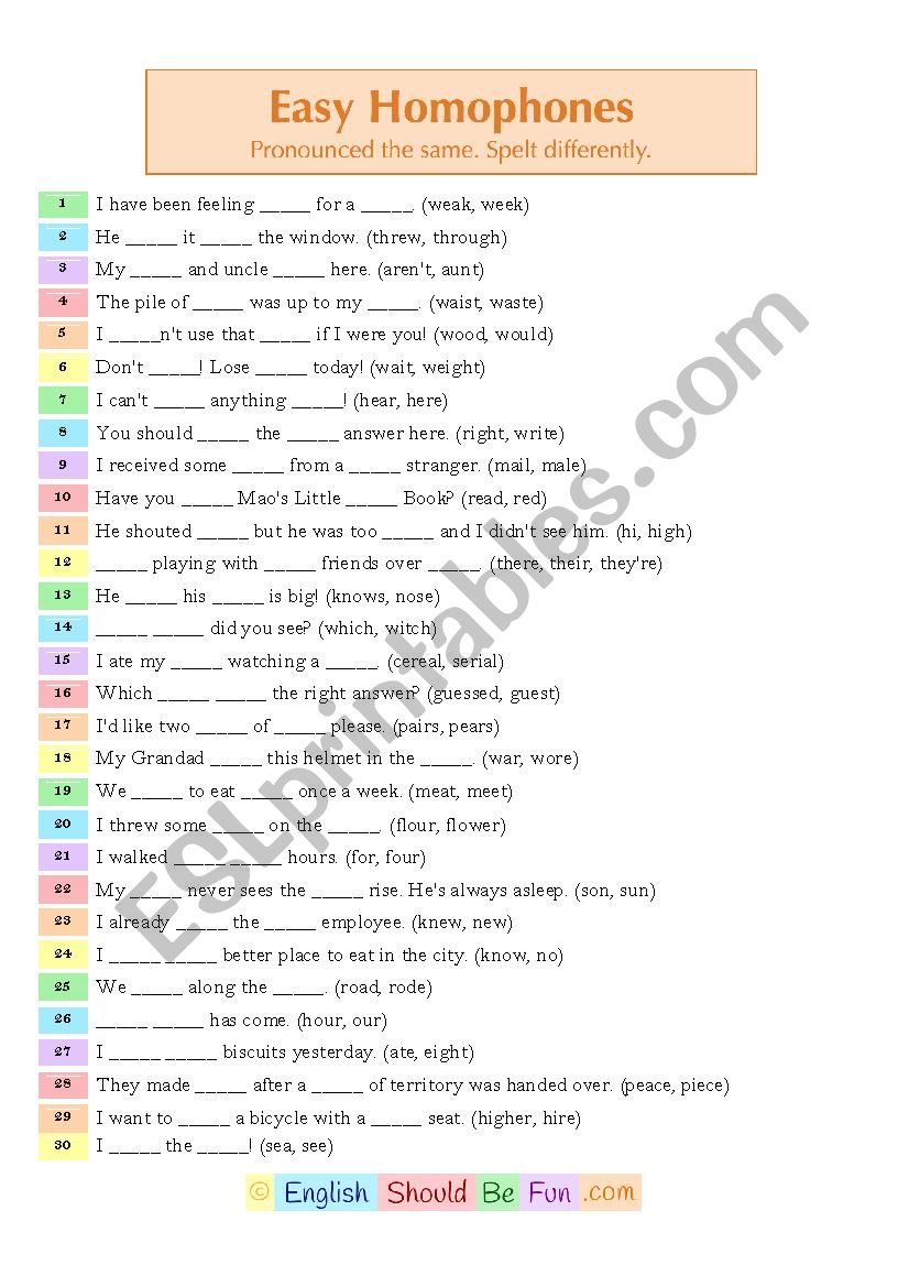 Easy Homophones worksheet