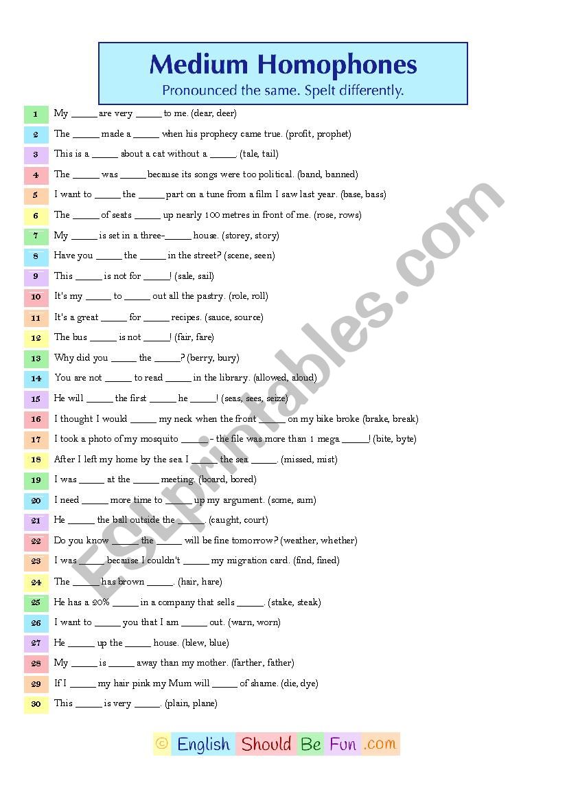 Medium Homophones worksheet