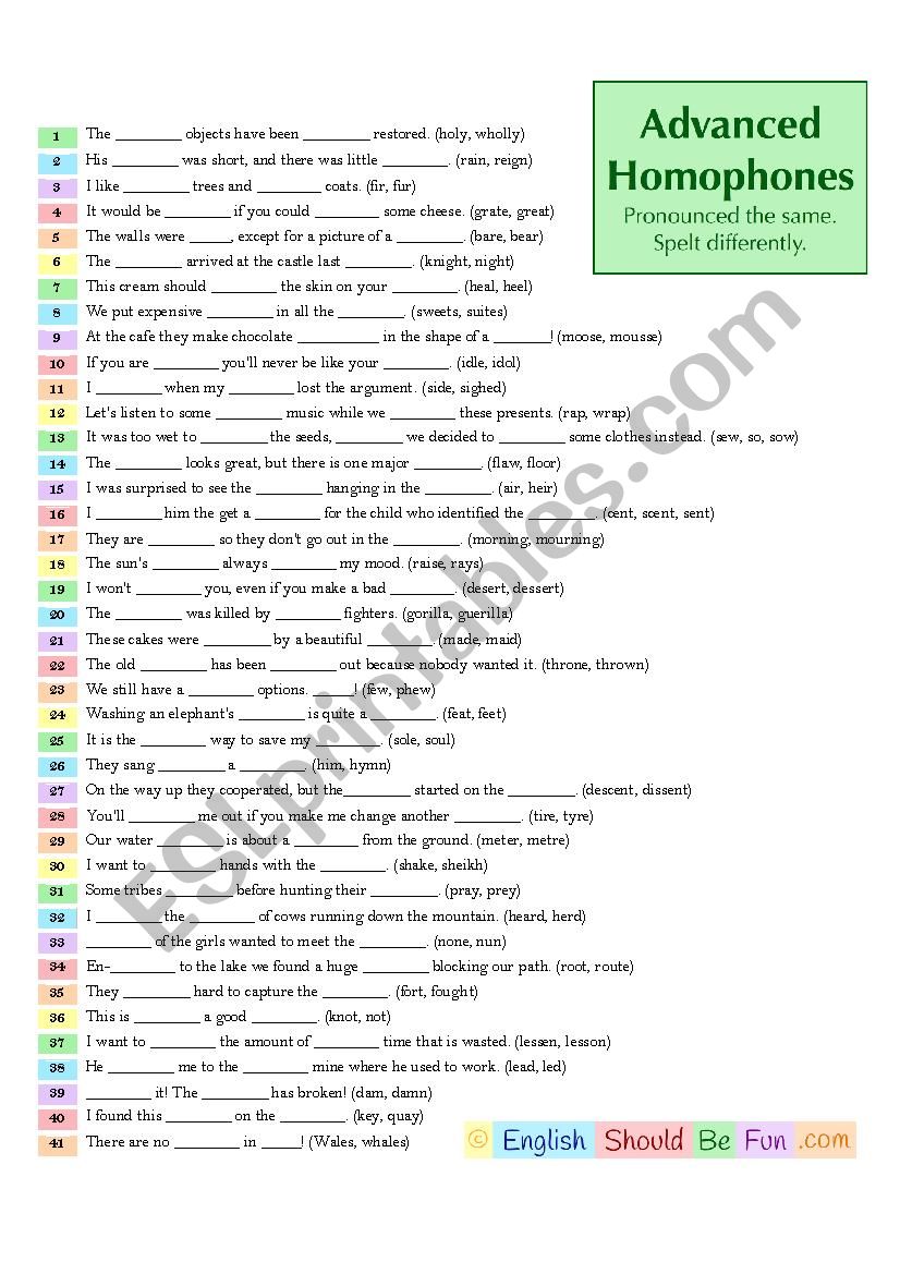 Advanced Homophones worksheet