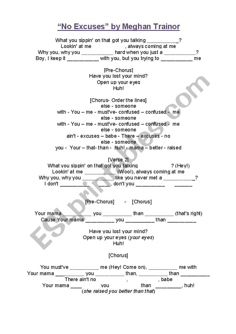 No Excuses by Meghan Trainor worksheet