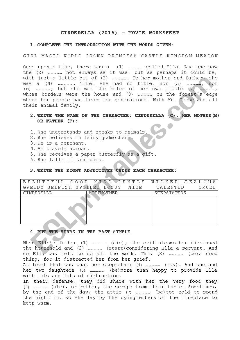 Cinderella 2015 movie worksheet