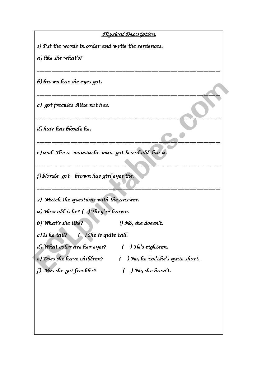 Physical Description worksheet