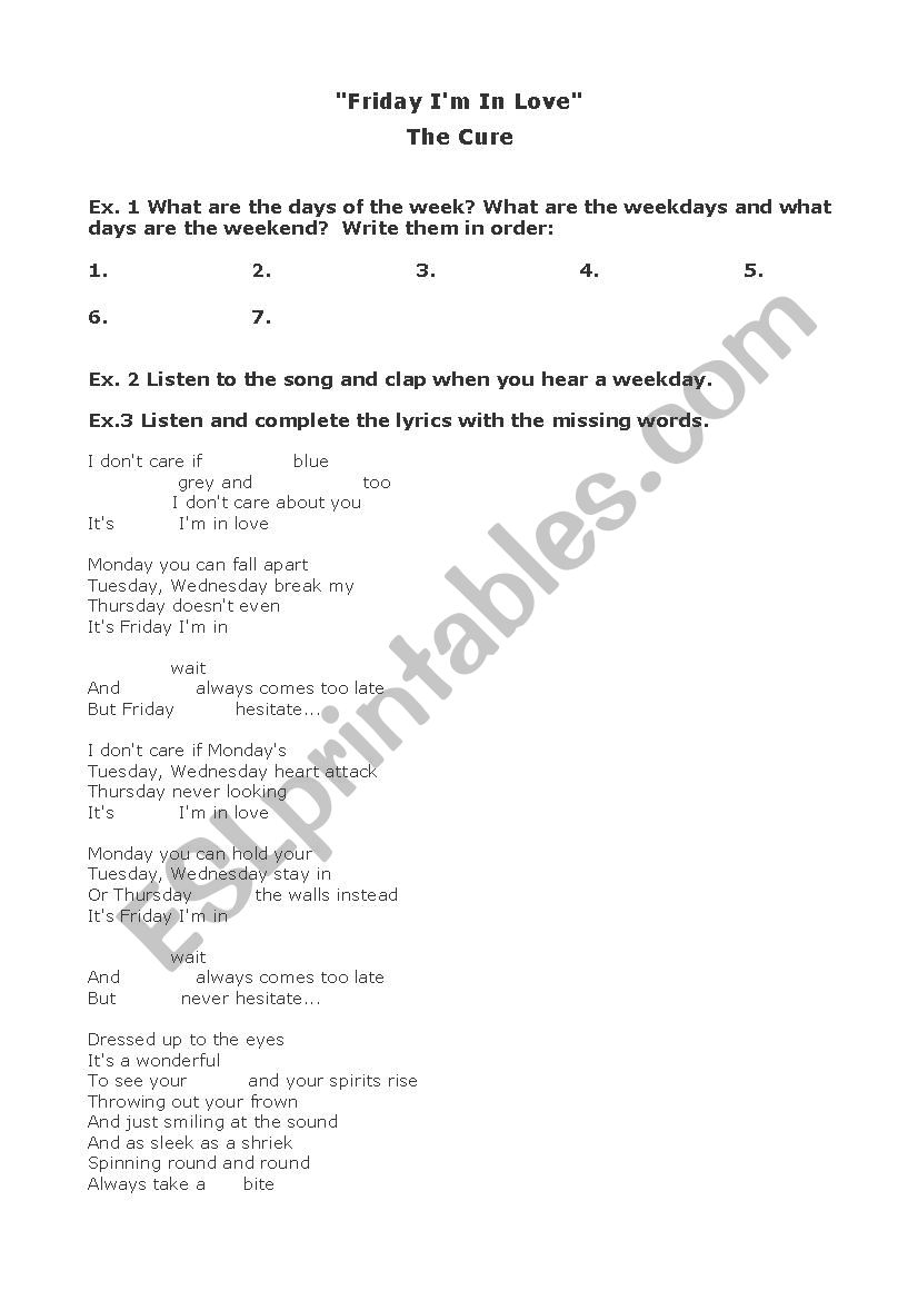 Friday Im in love worksheet