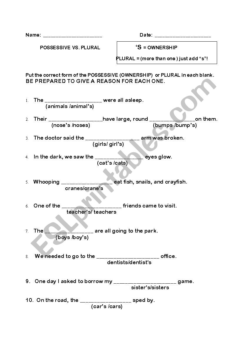 POSSESSIVE VS. PLURAL 3 worksheet