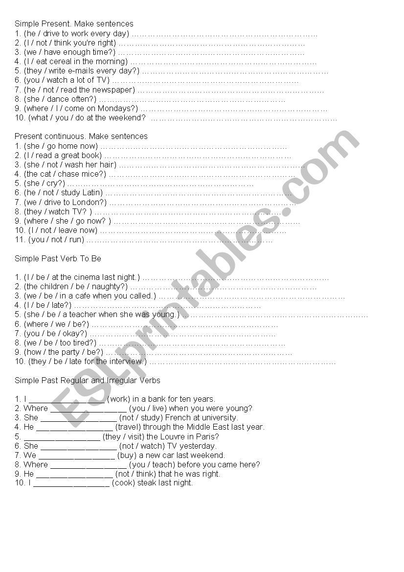 verbal tenses worksheet