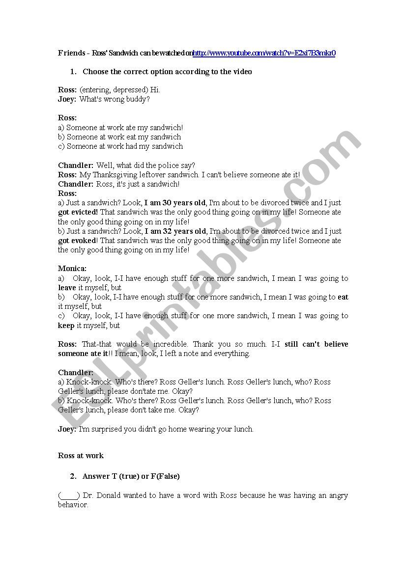 Friends - sandwich worksheet