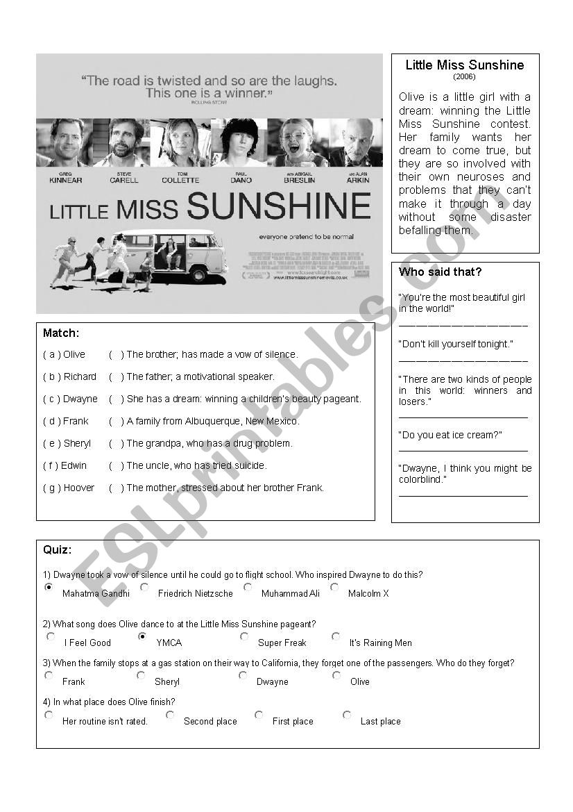 Little Miss sunshine worksheet