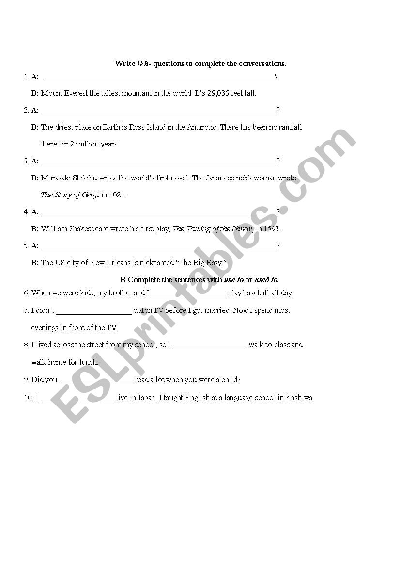 WH Questions worksheet