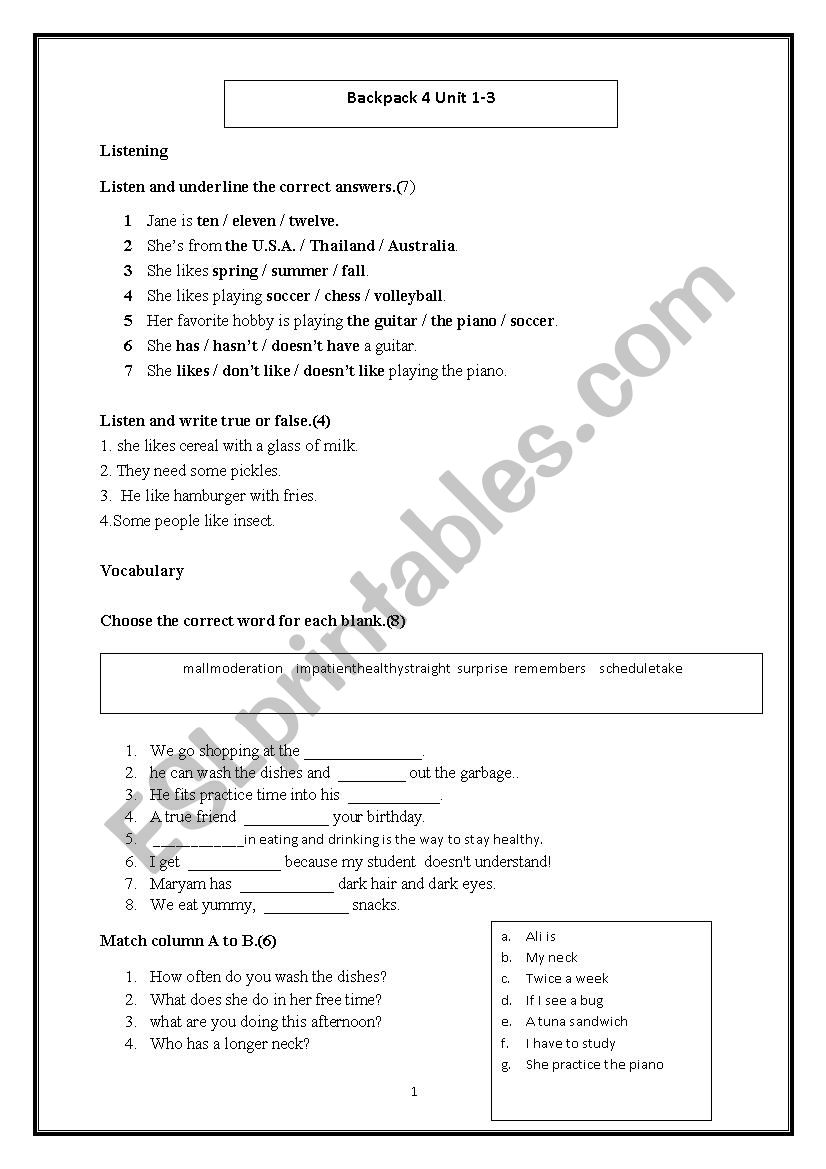 back pack 4 unit 1-3 worksheet