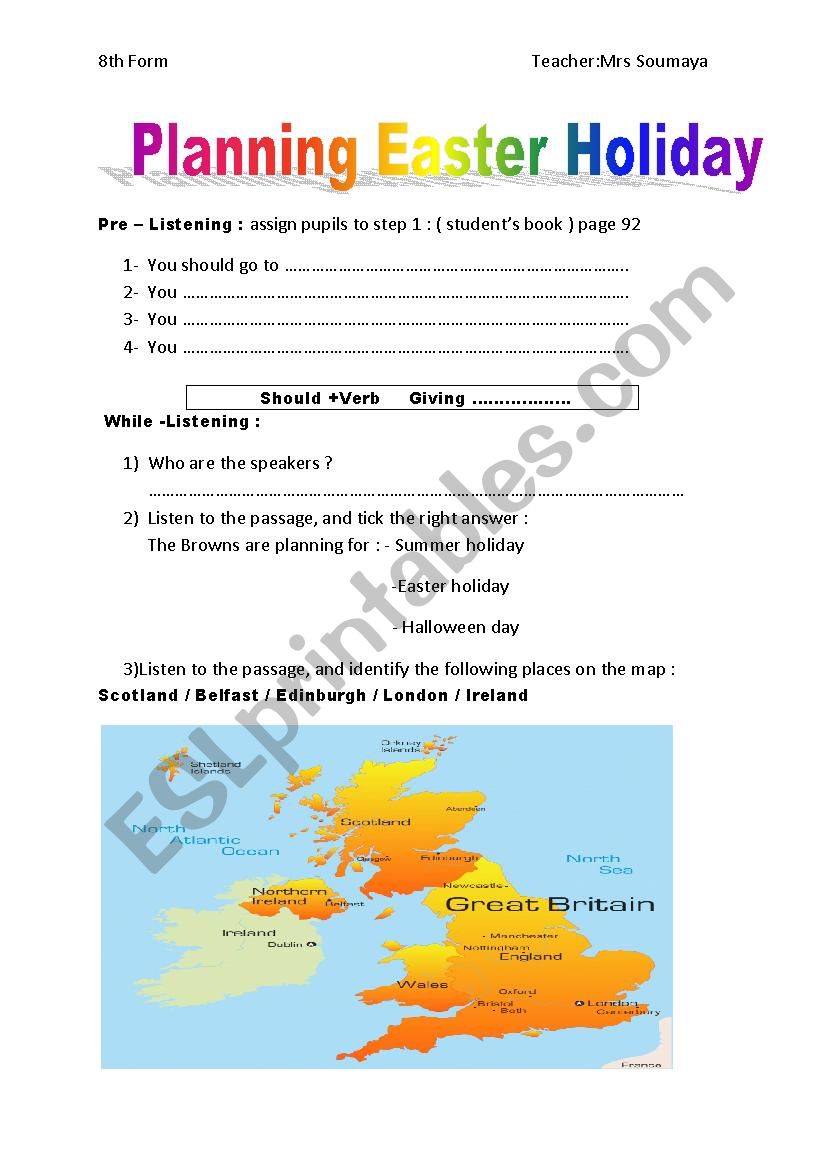 Planning Easter Holiday worksheet