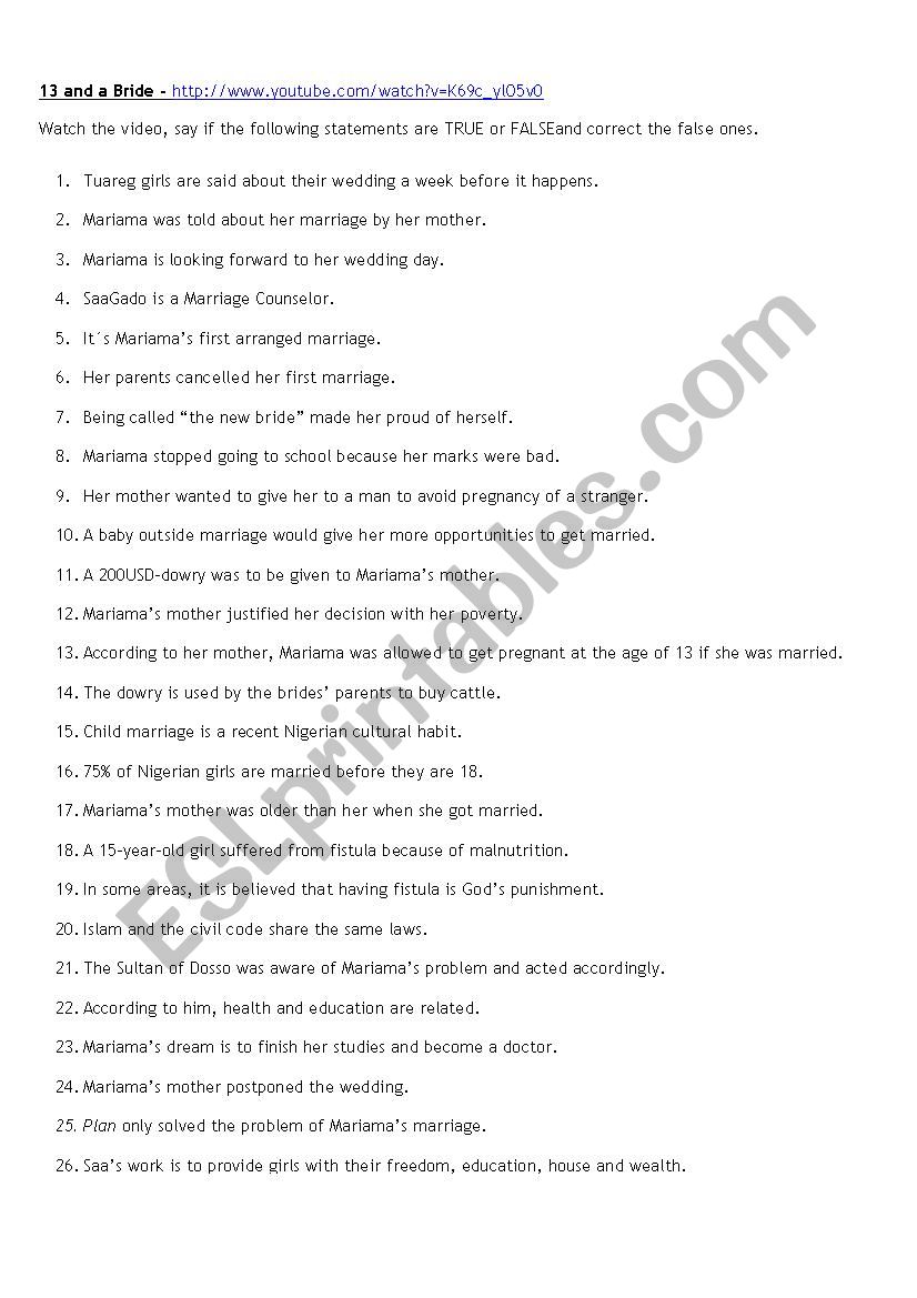 13 and a bride worksheet