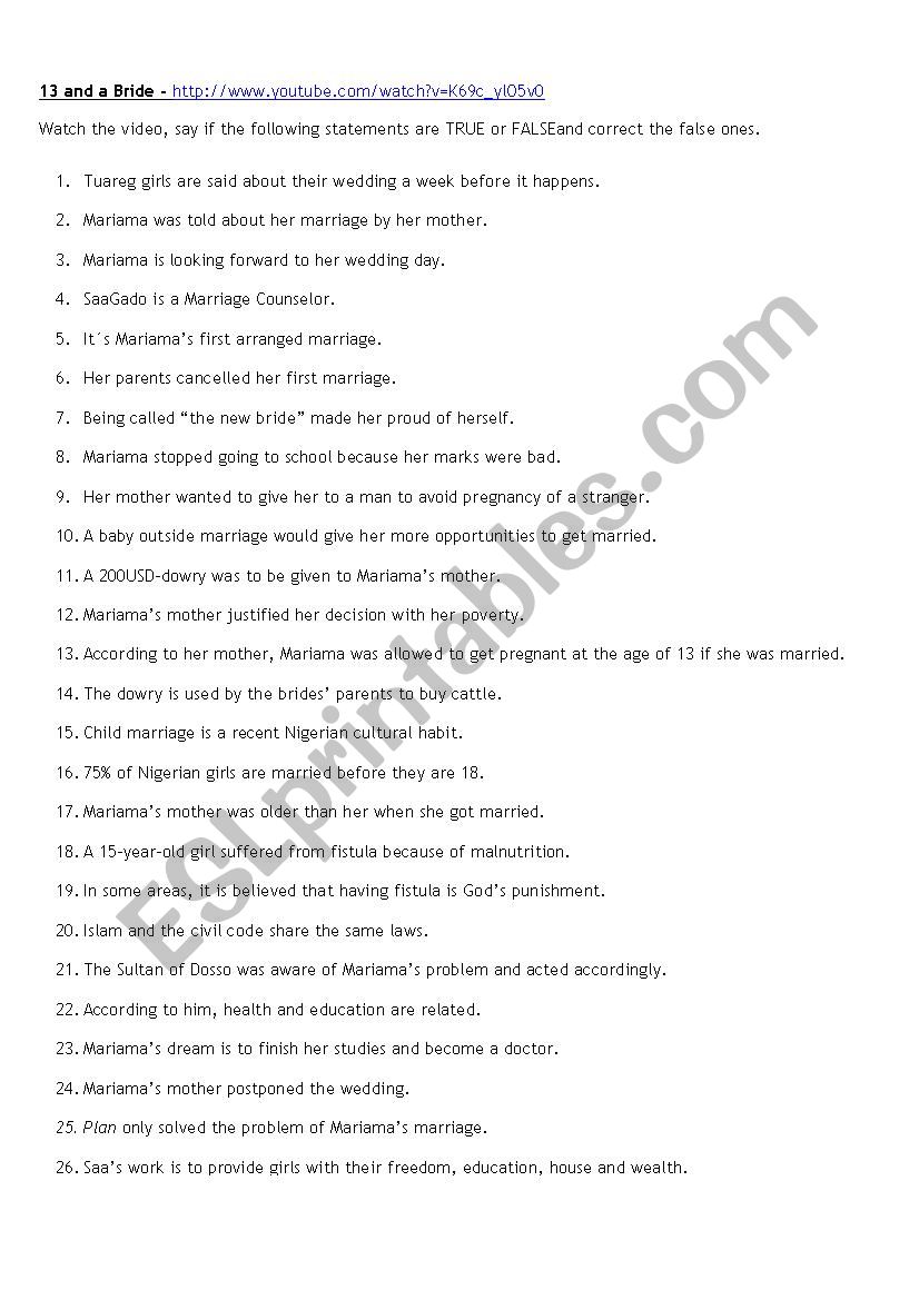 13 and a bride worksheet