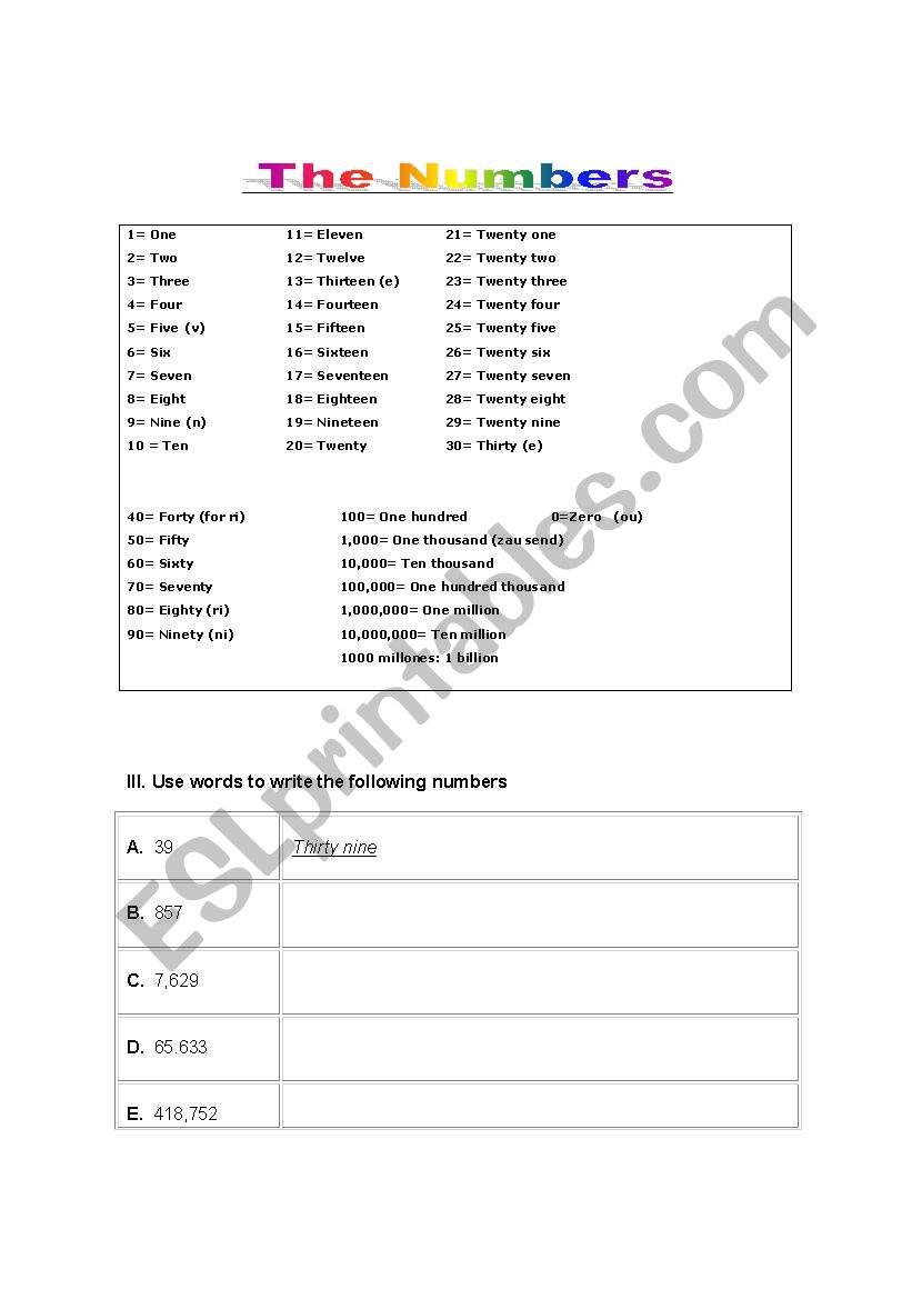 Numbers worksheet