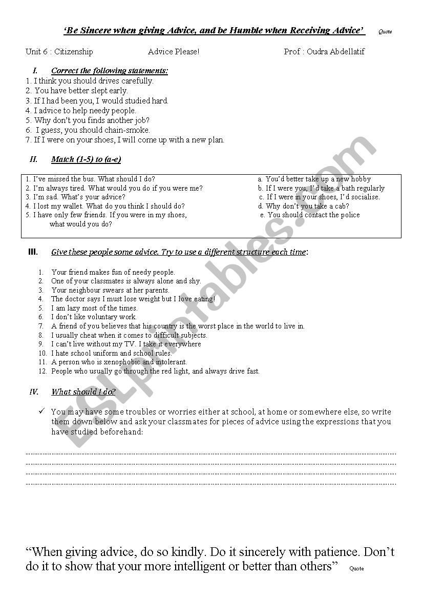 advice worksheet