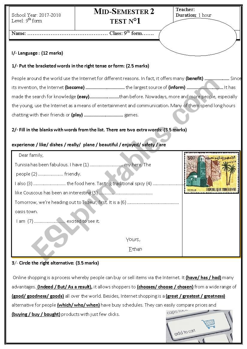 Mid-termTest 3 (9th grade) worksheet