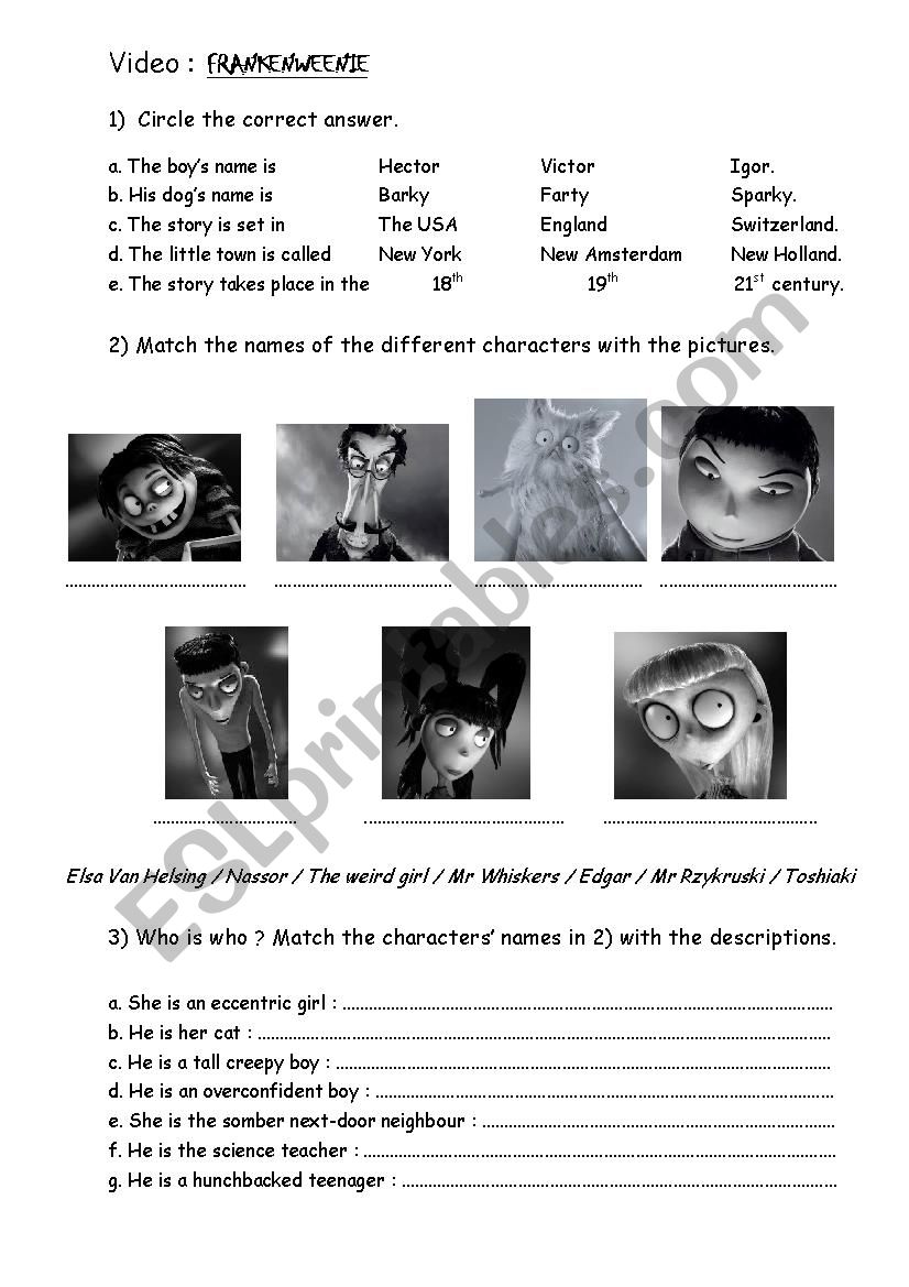 Frankenweenie worksheet