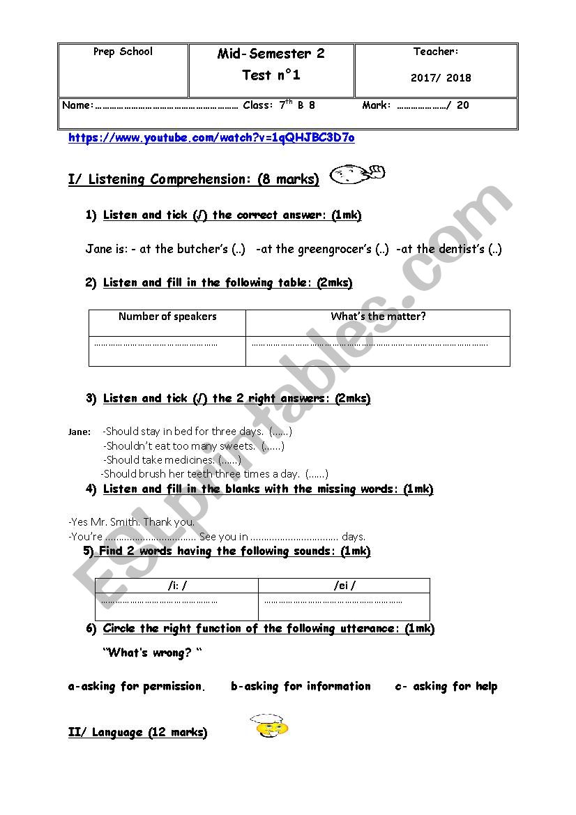 7th Form mid-term test 2 worksheet