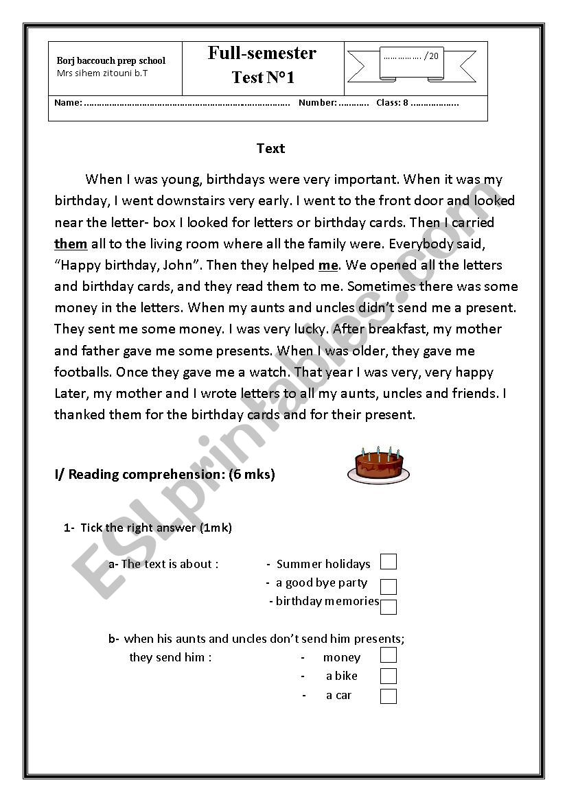 FIRST SEMESTER FULL TEST  8TH form