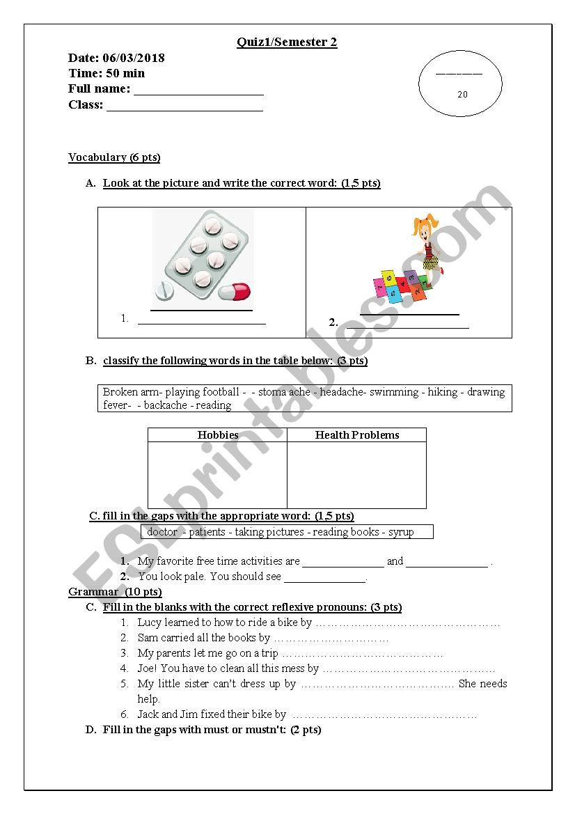 Quiz related to the theme of health problems and hobbies