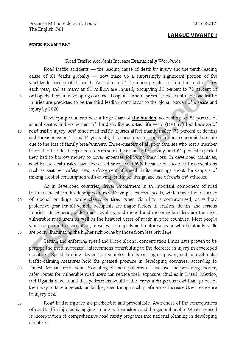 reading  test  road accident worksheet