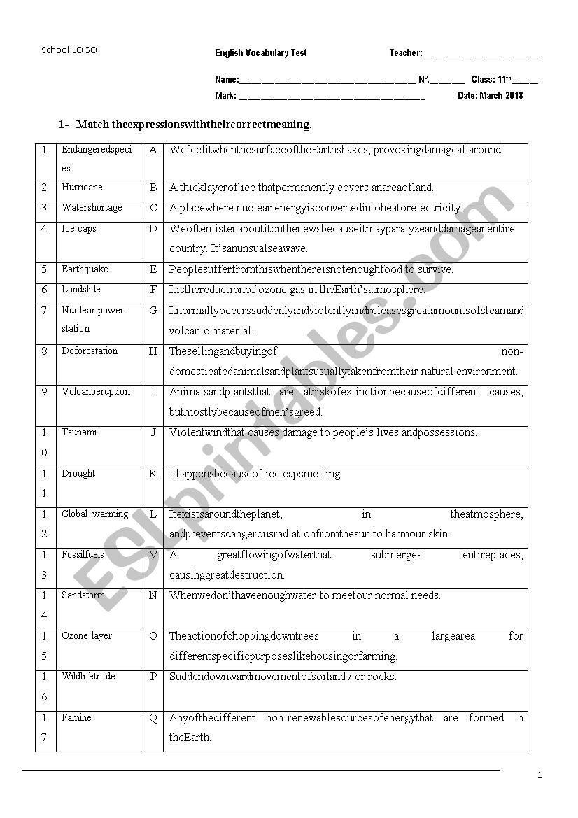 Vocabulary evaluation worksheet on environmental issues
