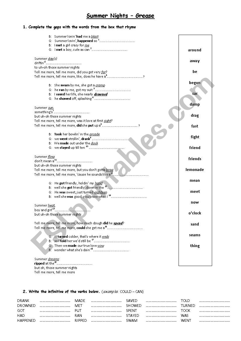 Sumer Nights -  Grease worksheet