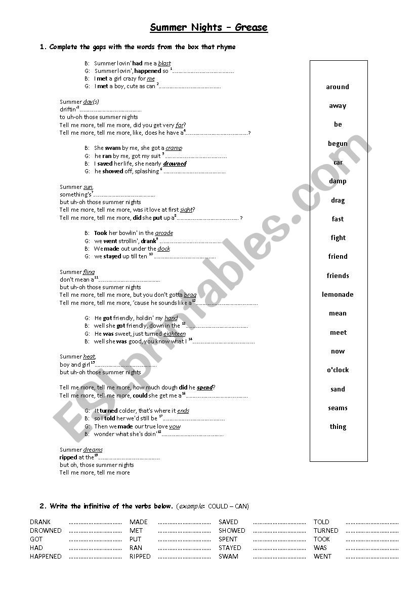 Sumer Nights -  Grease worksheet