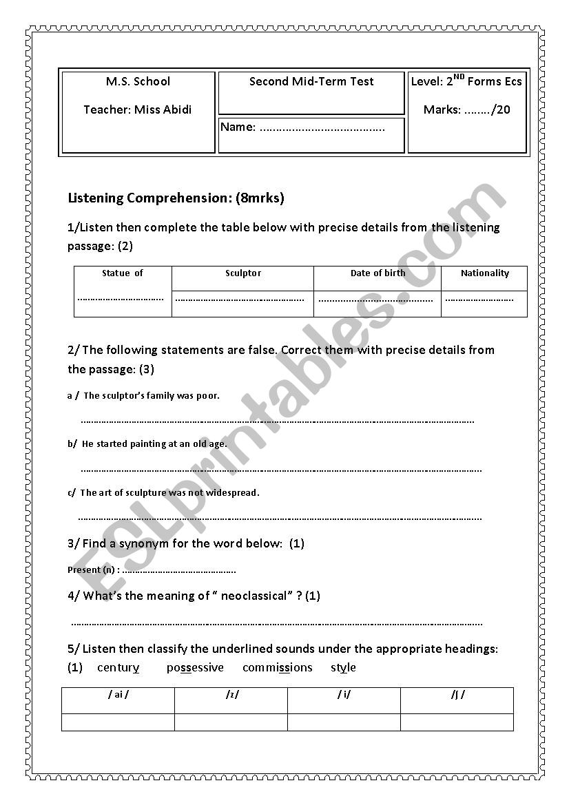 Second Mid-Term Test for Second forms