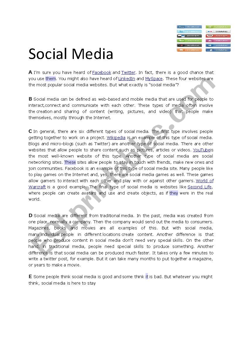 social media  worksheet