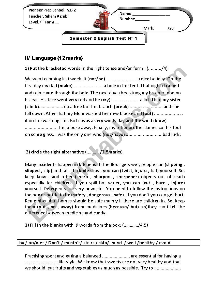 Mid term test 7th form worksheet