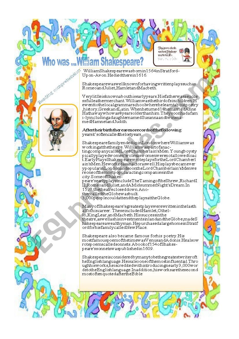 Who was William Shakespeare ? worksheet
