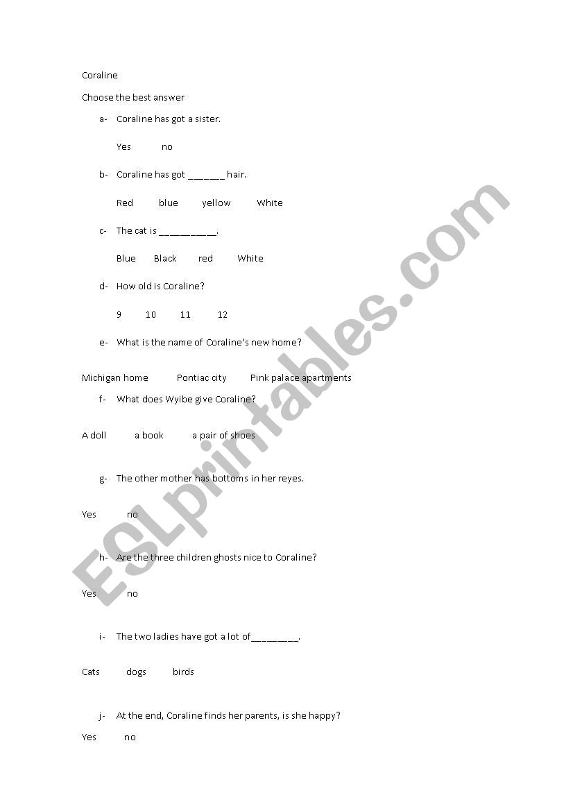 coraline worksheet