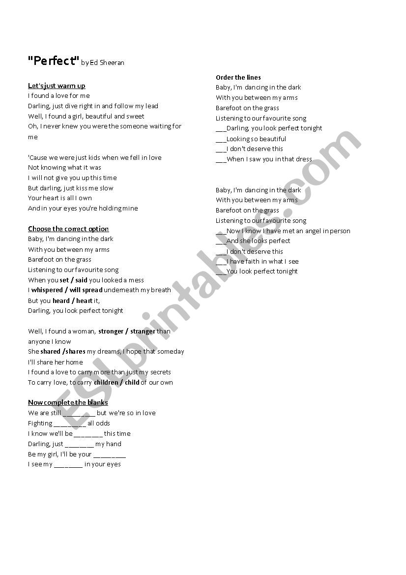 Perfect - Ed Sheeran - Lyrics worksheet