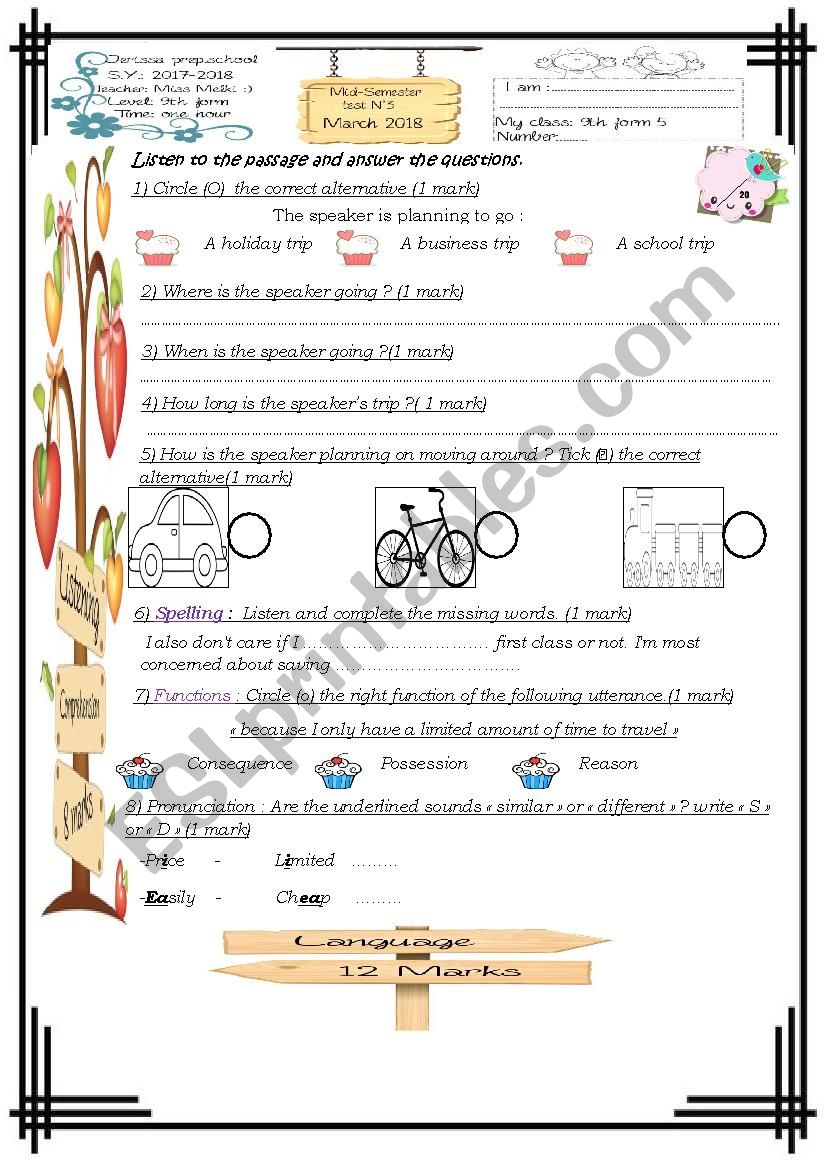 9th form test 3 2017-2018 worksheet