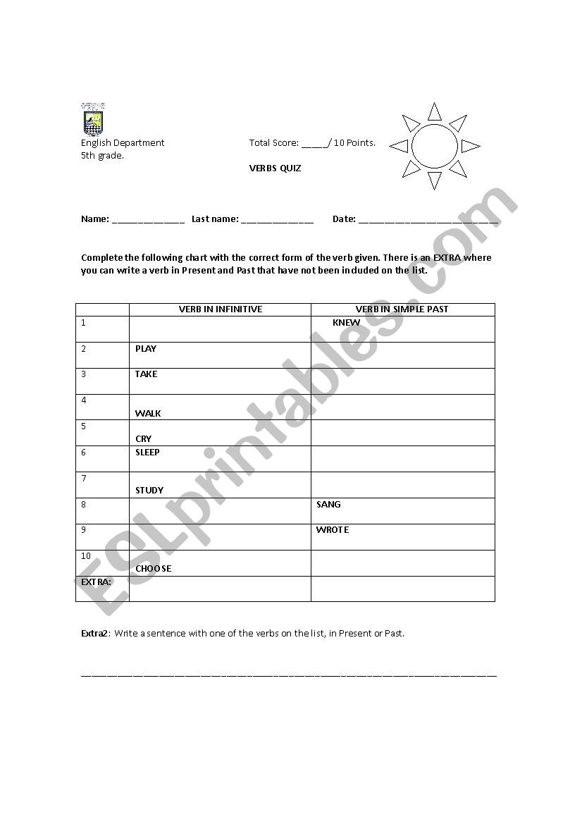 Verbs Quiz Present/Past worksheet