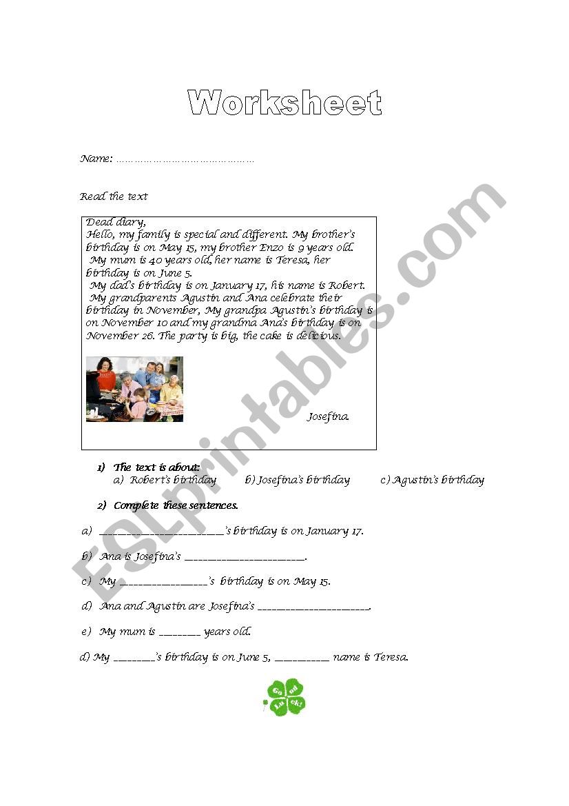 Reading exercise worksheet