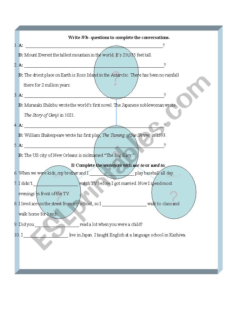 WH Questions & used to worksheet