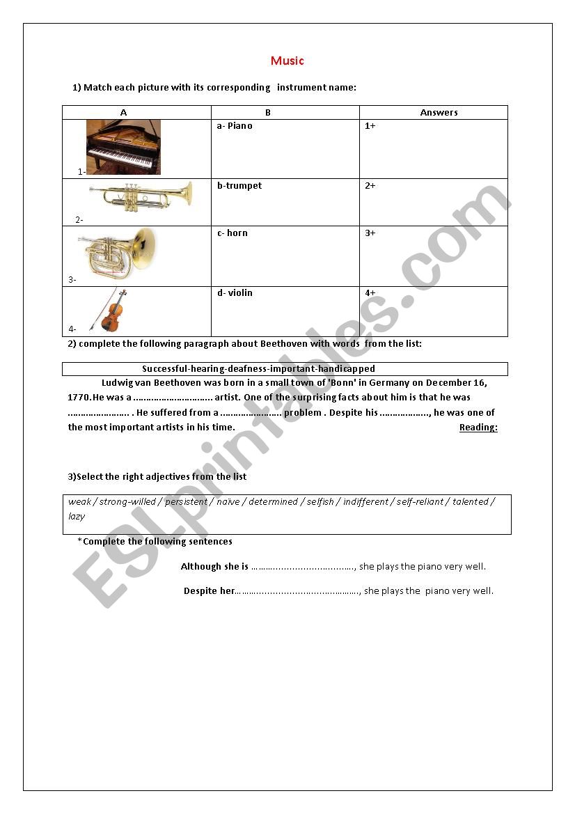 music worksheet