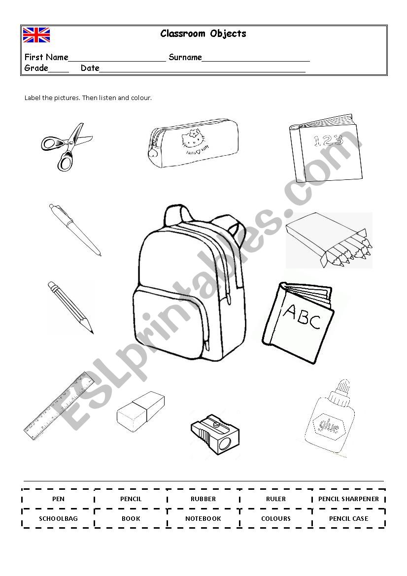 Classroom Objects worksheet