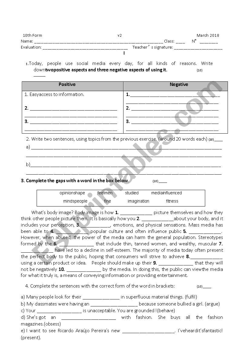 TEST Media teens worksheet