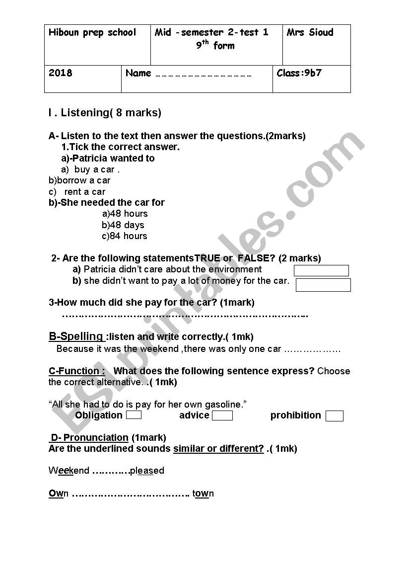 mid semester 2 test 1 9th form