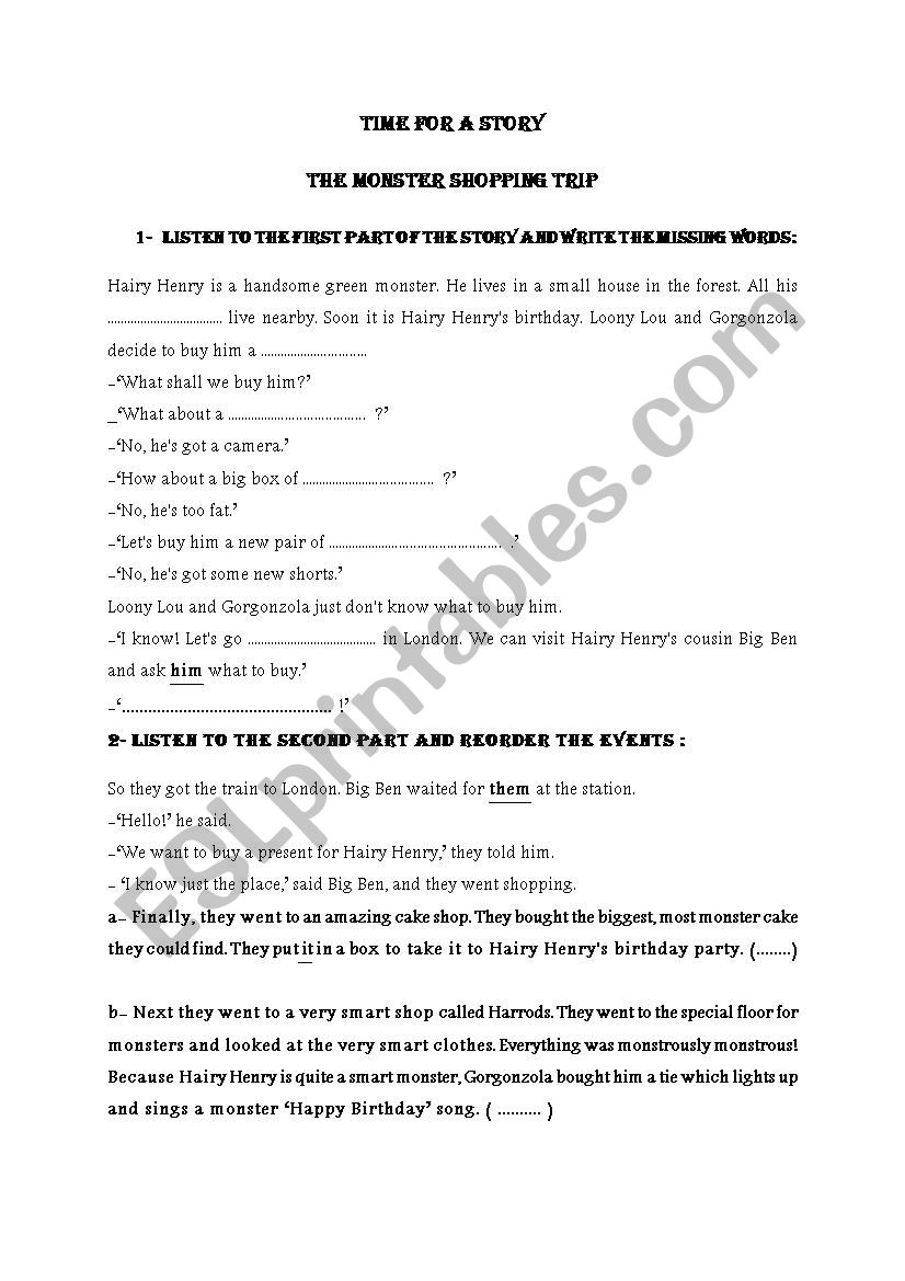 THE MONSTER SHOPPING TRIP worksheet