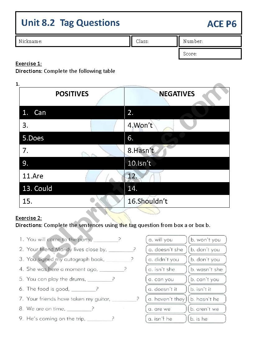 Tag Questions Worksheet worksheet