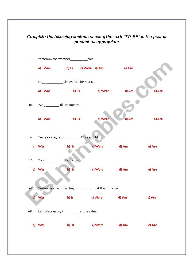 Exercises Verb TO BE worksheet