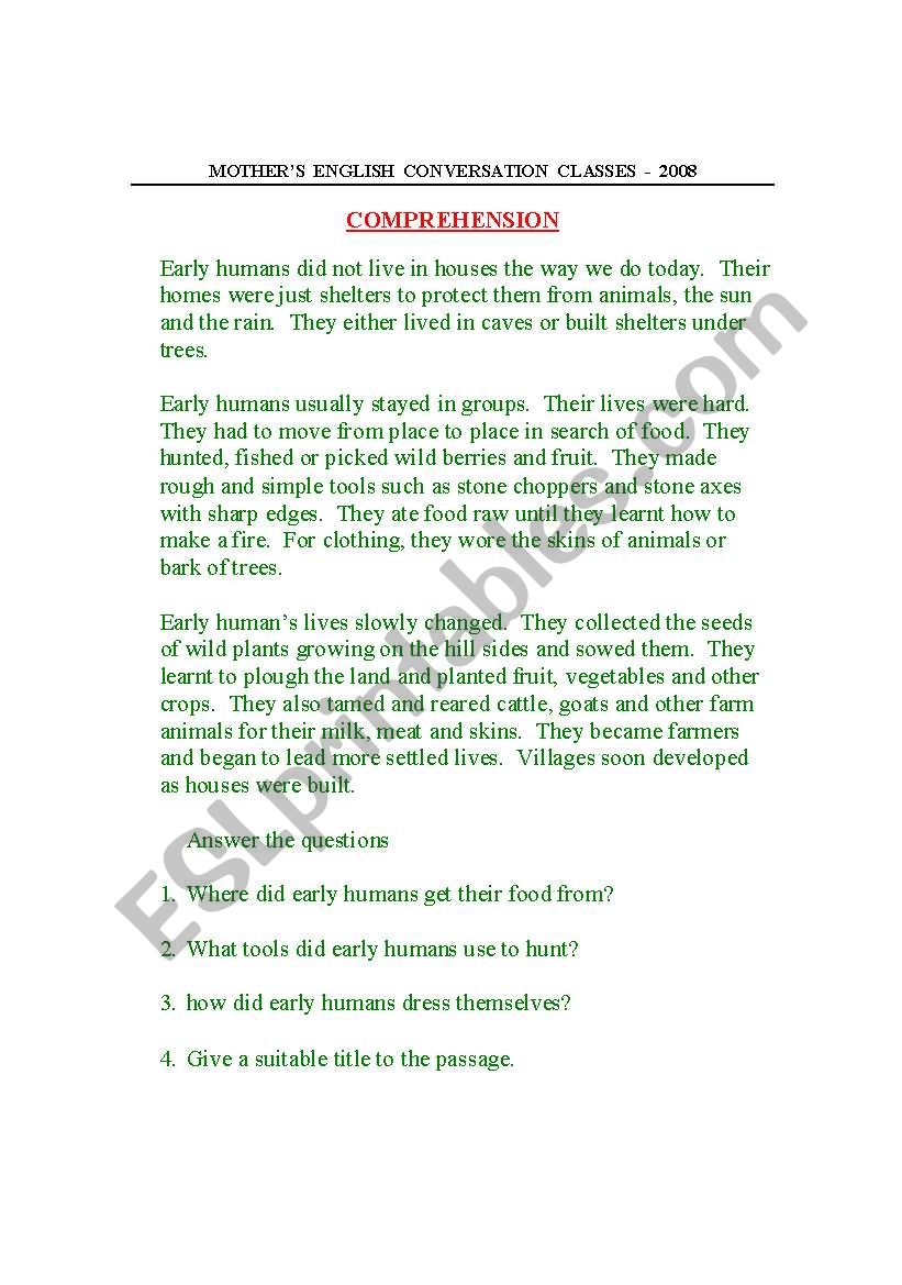 Reading comprehension worksheet