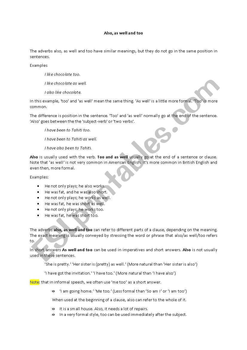 Also, as well and too worksheet Also, as well and too worksheet