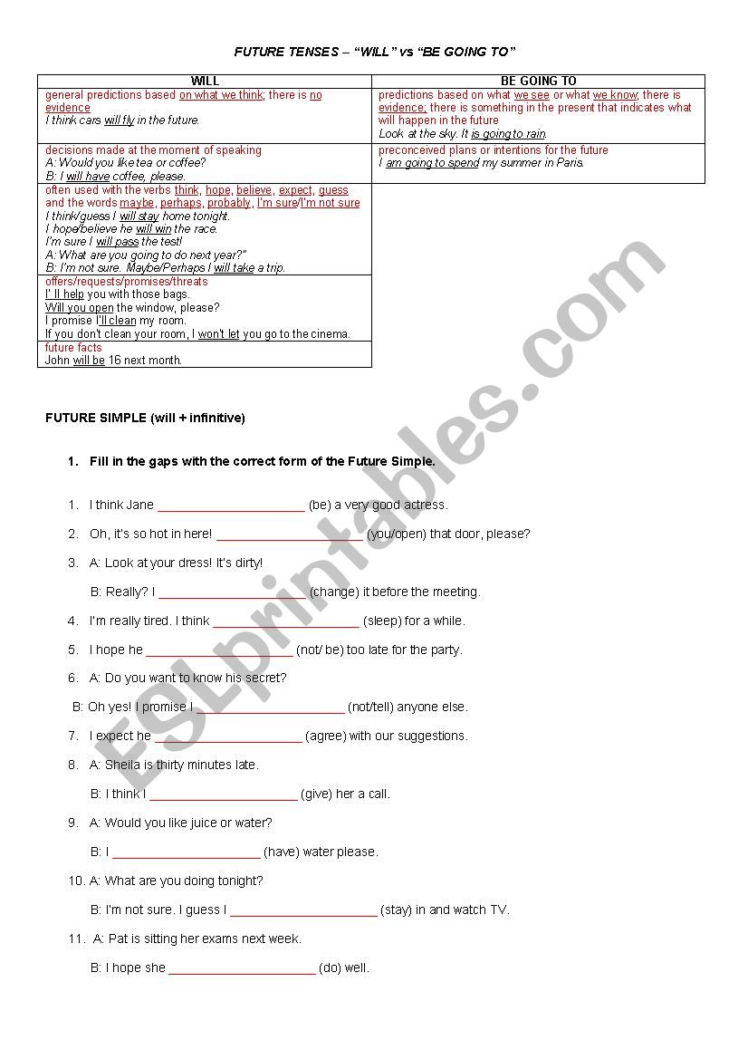 future simple vs going to worksheet