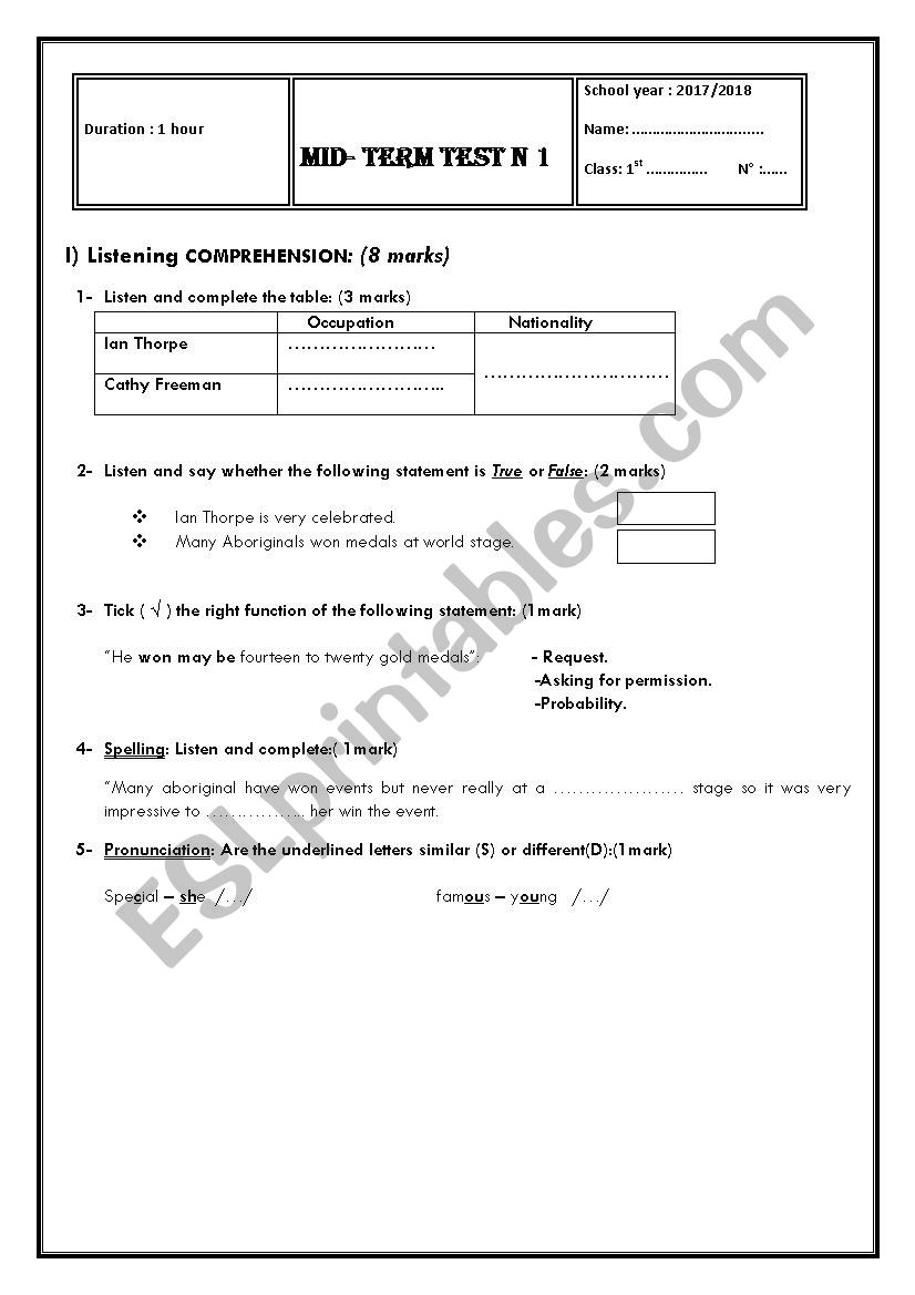 mid-term test N1 (First form) worksheet mid-term test N1 (First form) worksheet