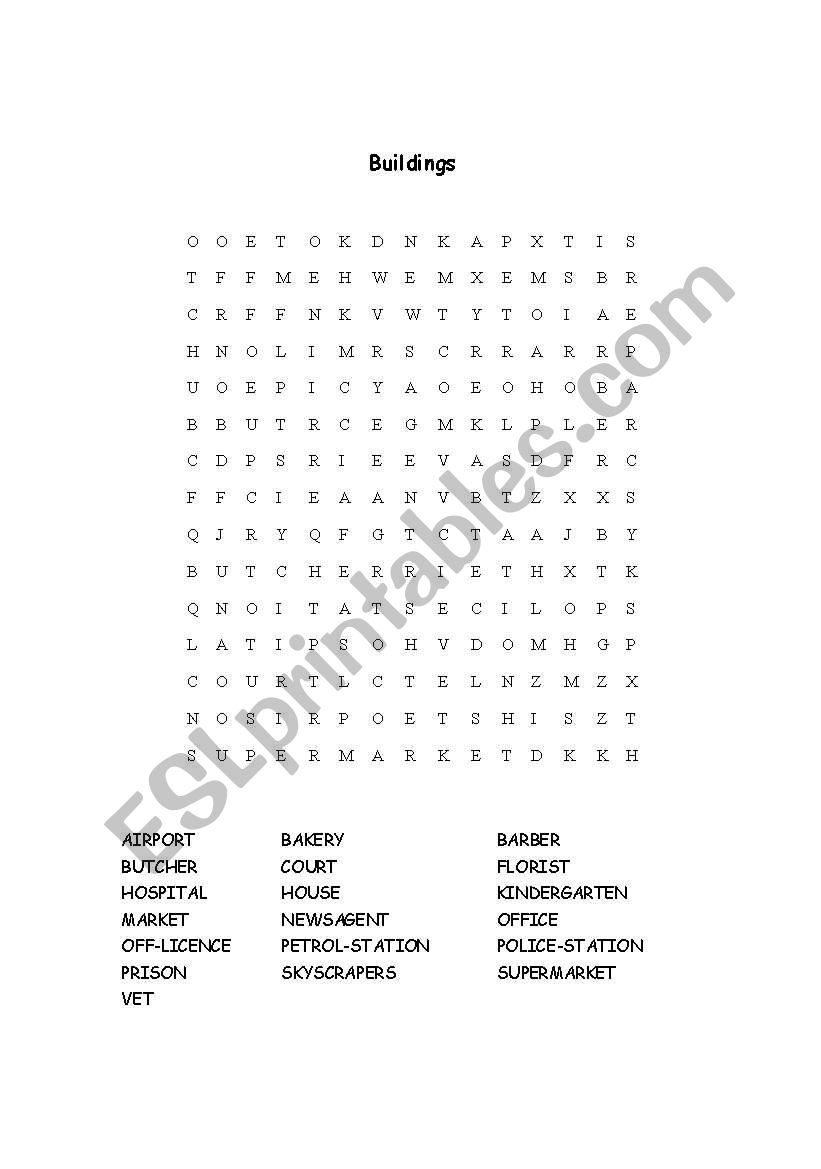 Buildings Wordsearch and Crossword