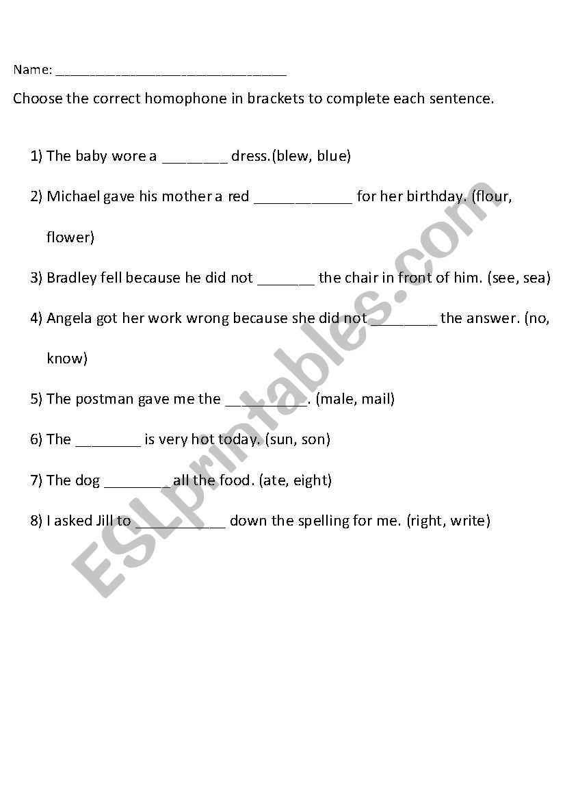 Homophones worksheet